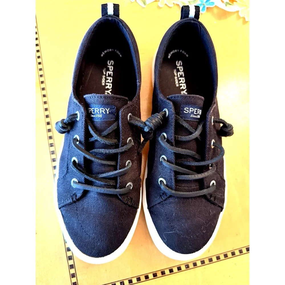Sperry Womens 7.5 Crest Vibe Black Canvas Lace Up Low Top Sneakers Memory Foam